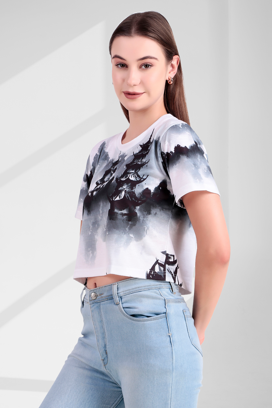 Misty Pagoda Ink-Wash Fusion Crop Top