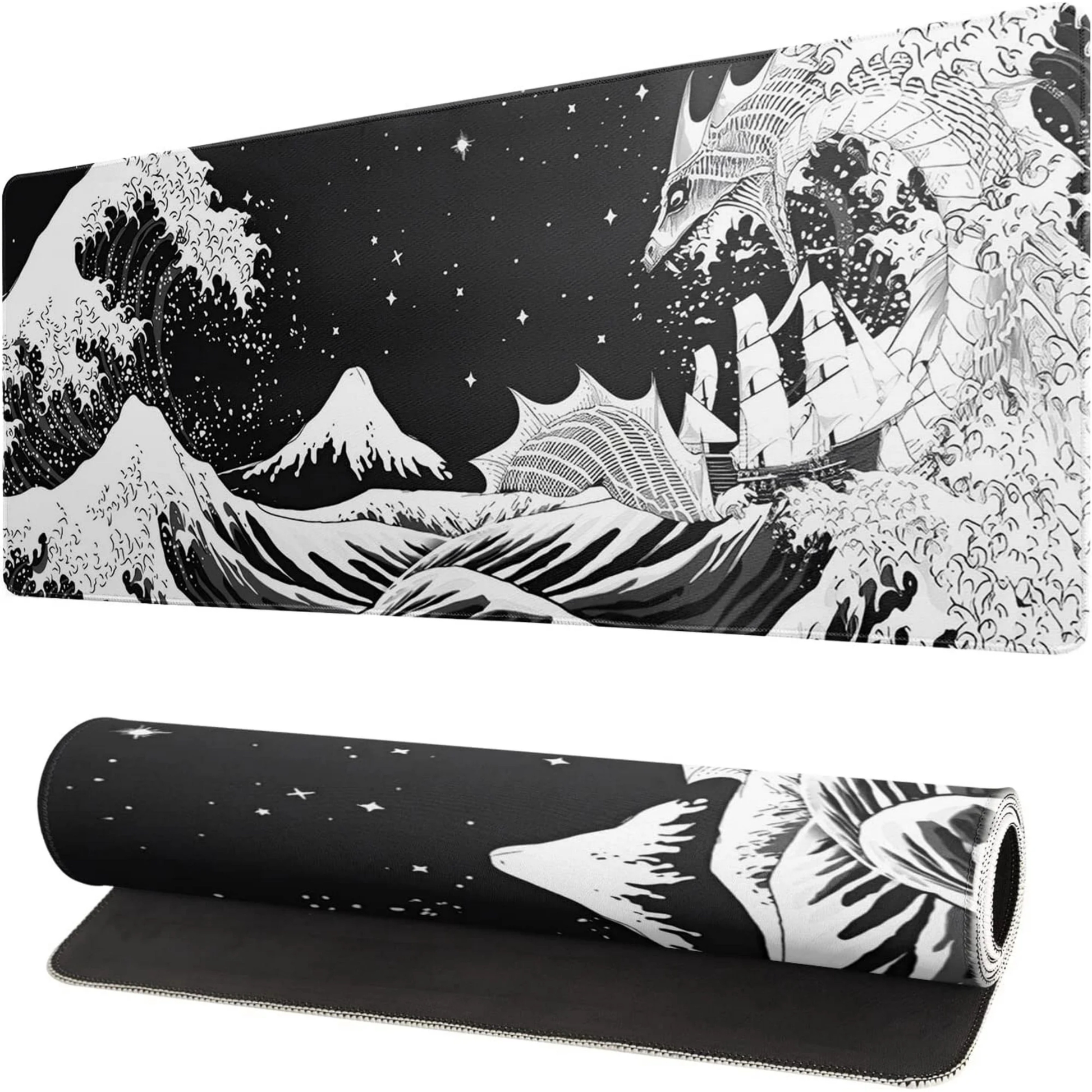 Black and white japanese waves dragon Mousepad outfitque