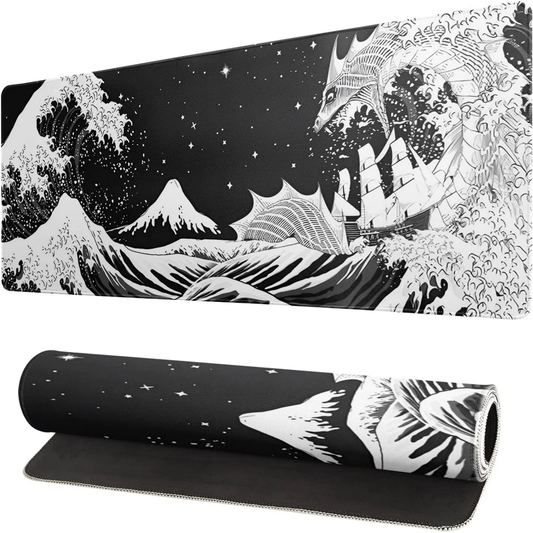 Black and white japanese waves dragon Mousepad outfitque