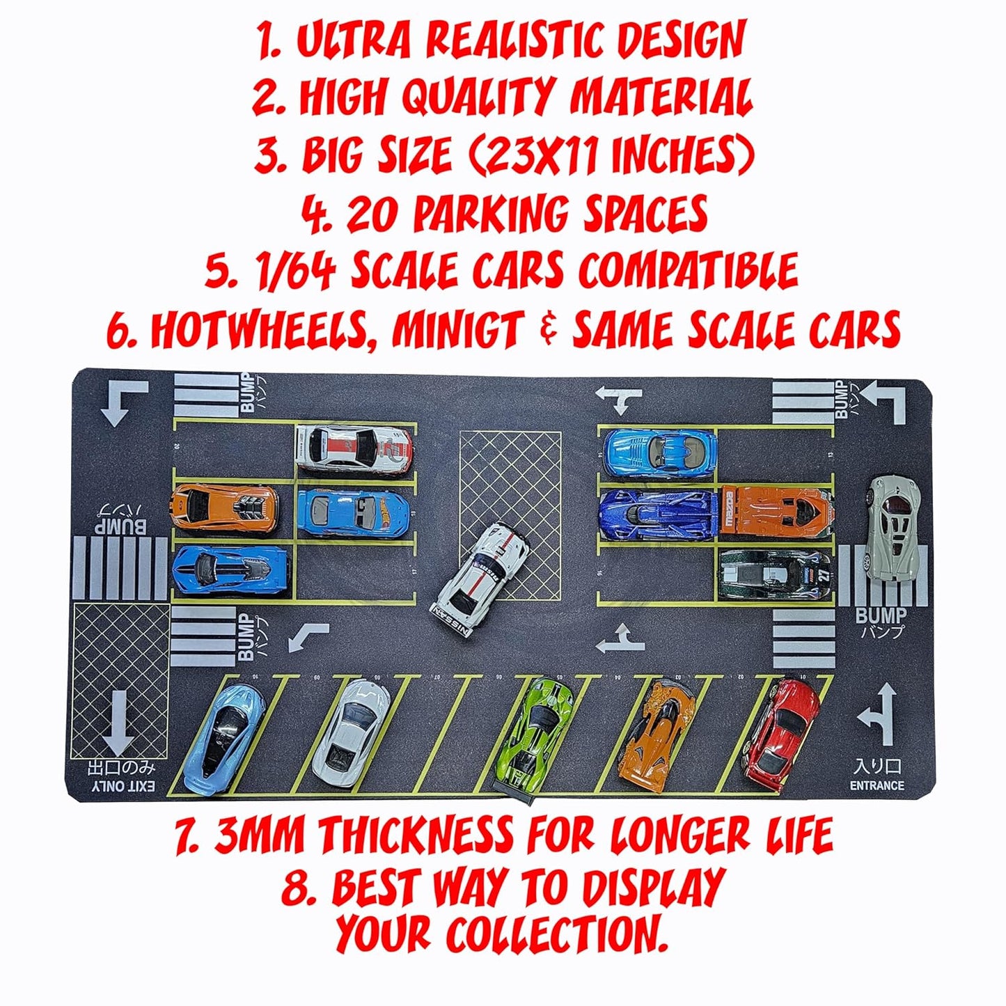 Moto Apparels Street Soul | Parking lot mat Diorama for 1/64 Scale Cars (Hotwheels,minigt,majoratte, etc) Large Size 11X22 inches **Cars not Included