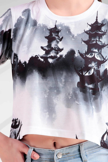 Misty Pagoda Ink-Wash Fusion Crop Top - Print it up