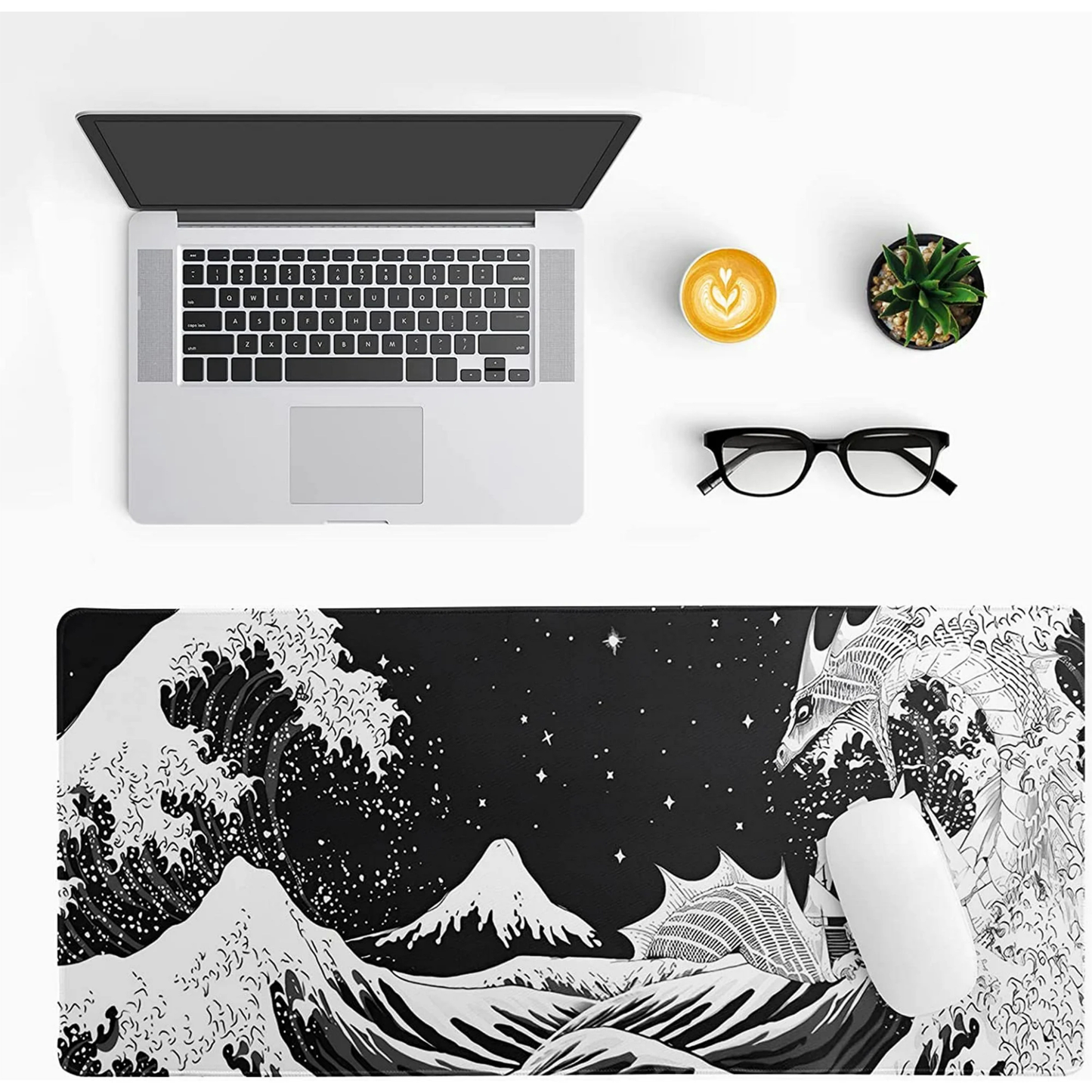 Black and white japanese waves dragon Mousepad outfitque