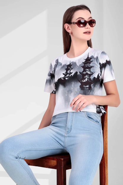 Misty Pagoda Ink-Wash Fusion Crop Top - Print it up