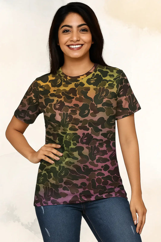 Back view of a woman wearing a multicolor camouflage all-over print t-shirt with gradient tones and bold streetwear style