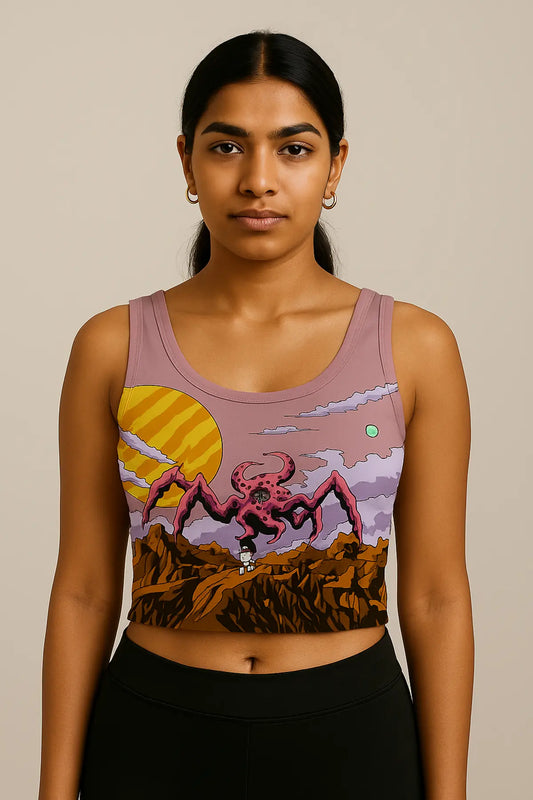 Indian girl wearing sci-fi alien print crop tank top with Martian mountain design – Cosmic art top by Outfitque