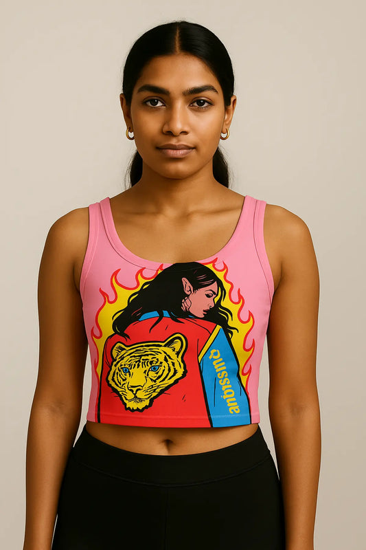Indian girl wearing bold pink crop tank top with anime-style girl and tiger print – Fierce Femme streetwear fashion