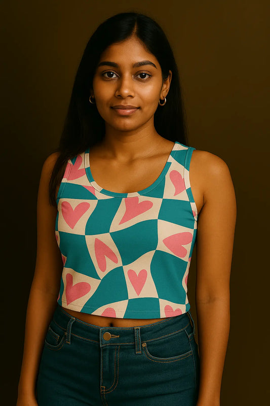 Indian girl wearing a pink heart and teal printed crop tank top from Outfitque