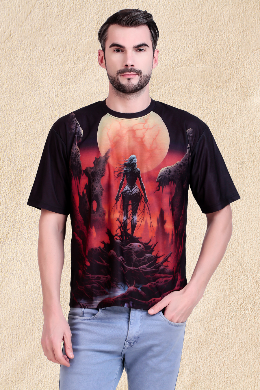 Black oversized cotton t-shirt with an all-over print of a hooded figure standing on twisted roots in a fiery red landscape, under a giant blood-red moon and ominous sky.