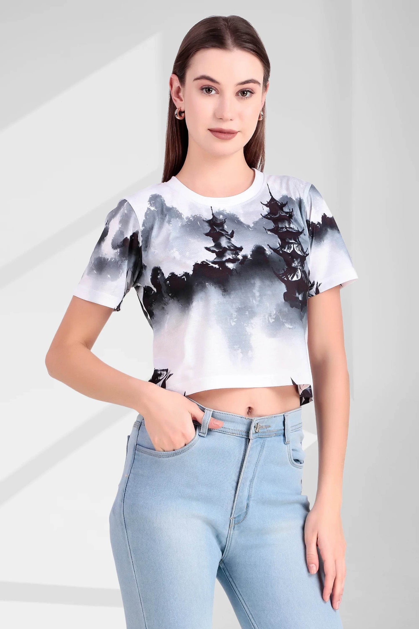 Misty Pagoda Ink-Wash Fusion Crop Top - Print it up