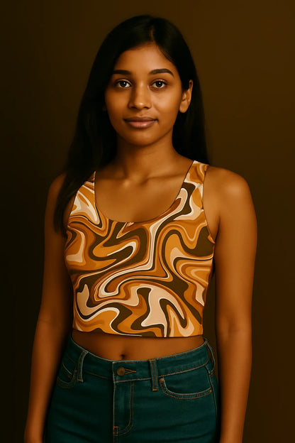 Indian girl model wearing retro swirl mocha crop tank top with vintage print from Outfitque