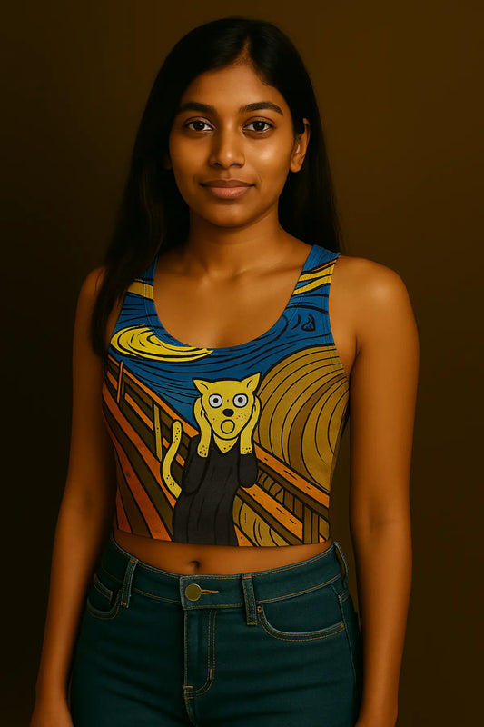 Indian girl wearing cat-themed crop top inspired by The Scream painting – graphic printed tank top by Outfitque