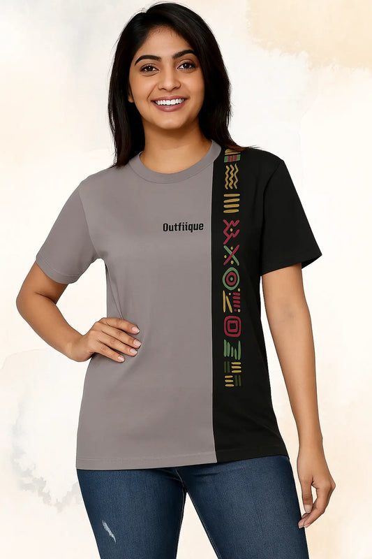 Back view of a tribal stripe dual tone t-shirt in black and grey worn by a young Indian woman